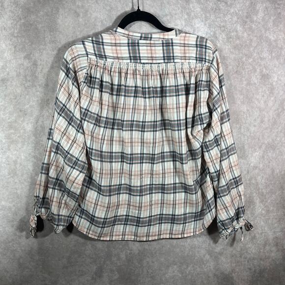 Faherty Top Womens Cream Gray Plaid Button Front Long Sleeves V-Neck Casual‎ - Picture 5 of 9